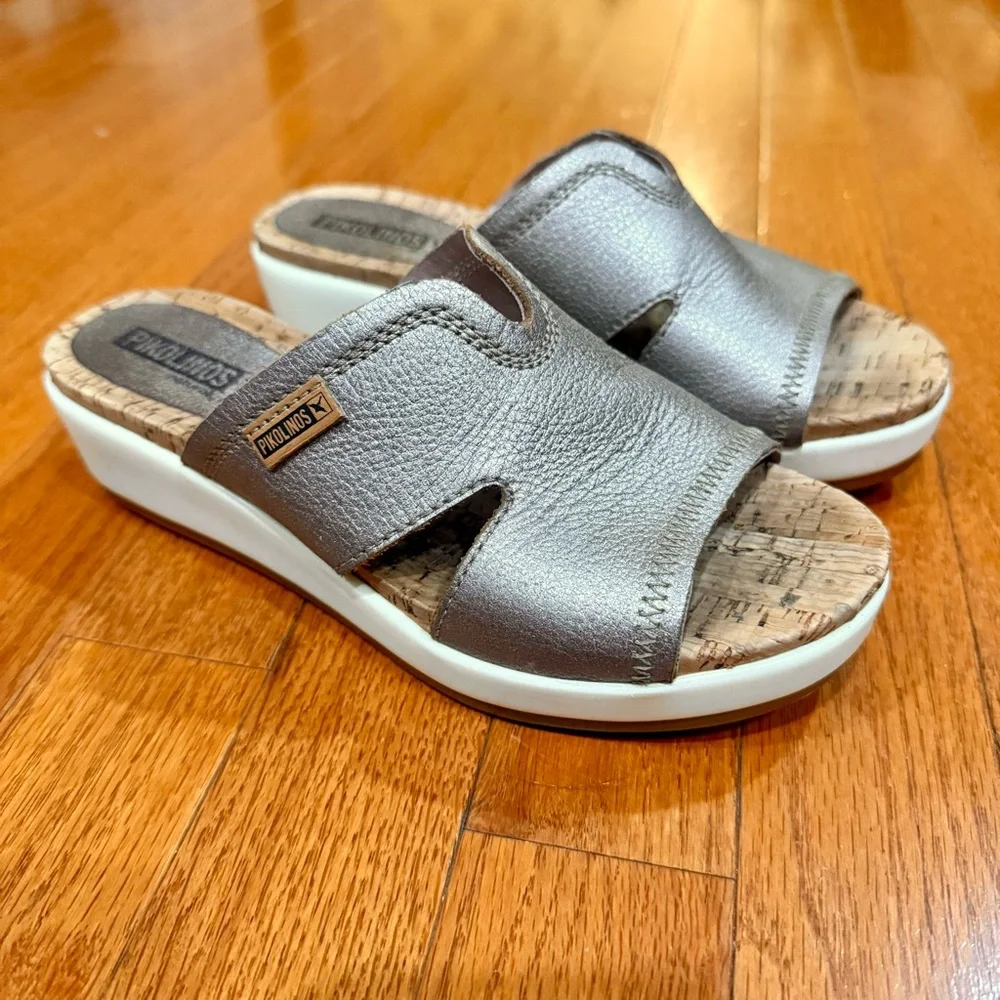 Pikolinos Women’s 35 4-5 Metallic Leather Wedges Slides Sandals Gold Silver Boho - Picture 1 of 12